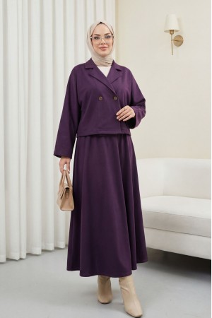 Tek Düğmeli Etekli Keçe Takım -Mor