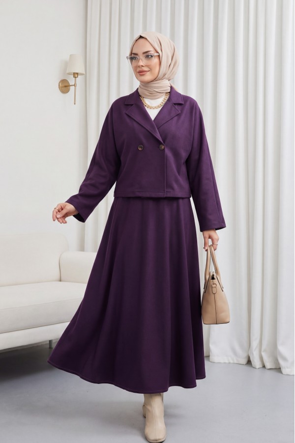 Single-Buttoned Felt Suit with Skirt - Purple