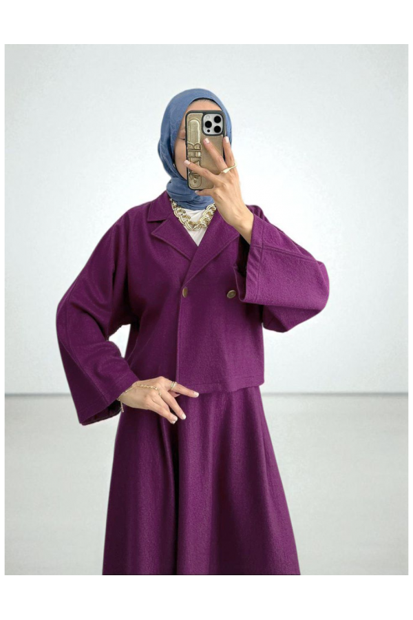 Single-Buttoned Felt Suit with Skirt -Damson