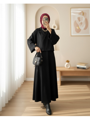 Tek Düğmeli Etekli Keçe Takım -Siyah