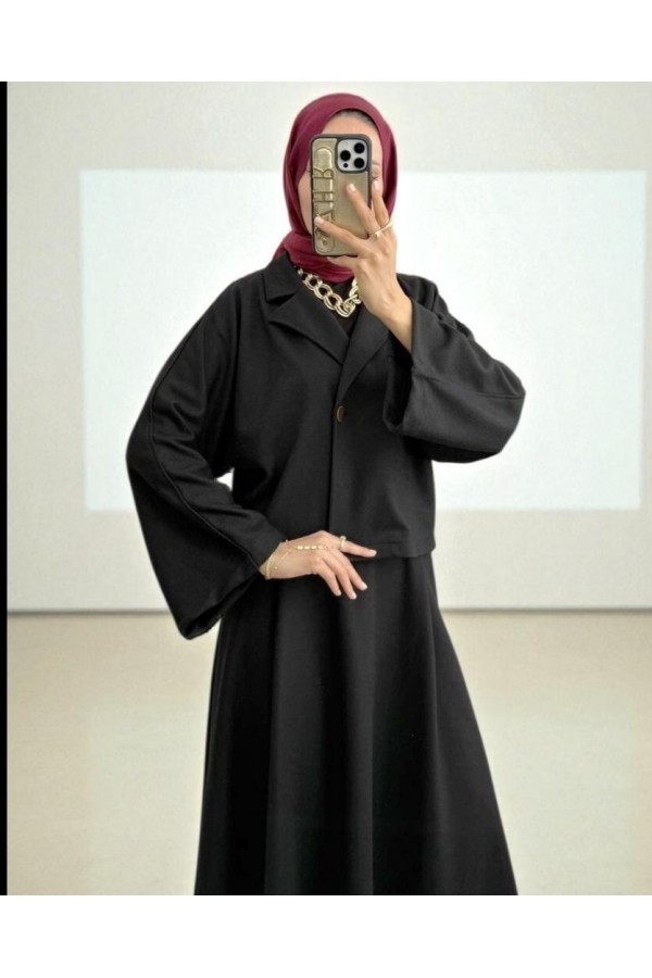 Single-Buttoned Felt Suit with Skirt -Black