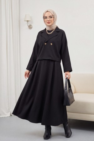 Tek Düğmeli Etekli Keçe Takım -Siyah