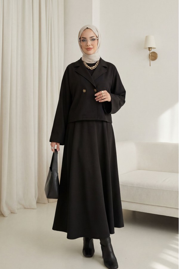 Single-Buttoned Felt Suit with Skirt -Black