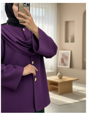 Şal Detaylı Kışlık Keçe Ceket -Mor