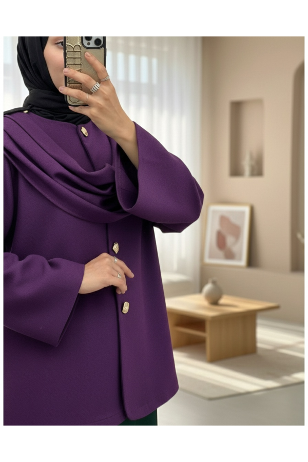 Şal Detaylı Kışlık Keçe Ceket -Mor