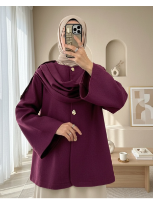 Şal Detaylı Kışlık Keçe Ceket -Mürdüm