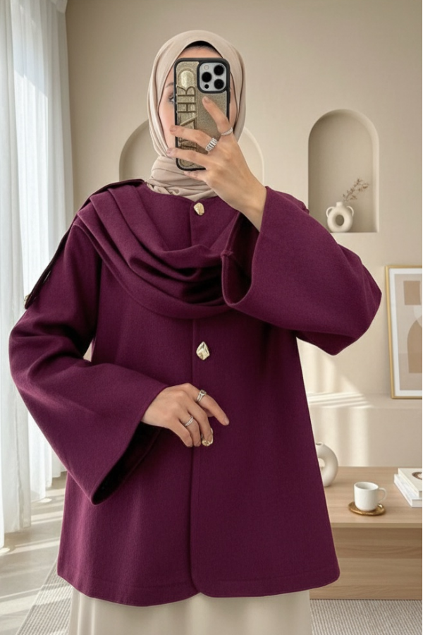 Winter Felt Jacket with Shawl Detail -Damson