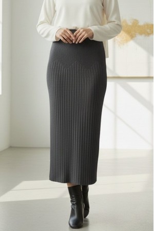 Beli Lastikli Pliseli Triko Etek -Antrasit