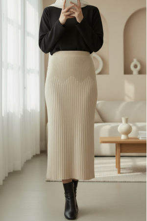 Beli Lastikli Pliseli Triko Etek -Krem