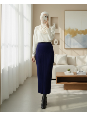 تنورة محبوكة مطوية بخصر مرن -كحلي