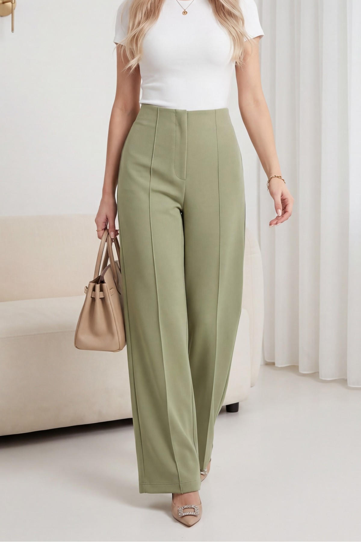 Wide Leg Grass Two-String Combed Cotton Trousers -Cagla Green