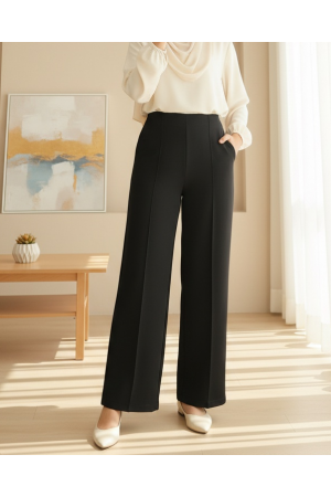 Wide Leg Grass Two-String Combed Cotton Trousers -Black