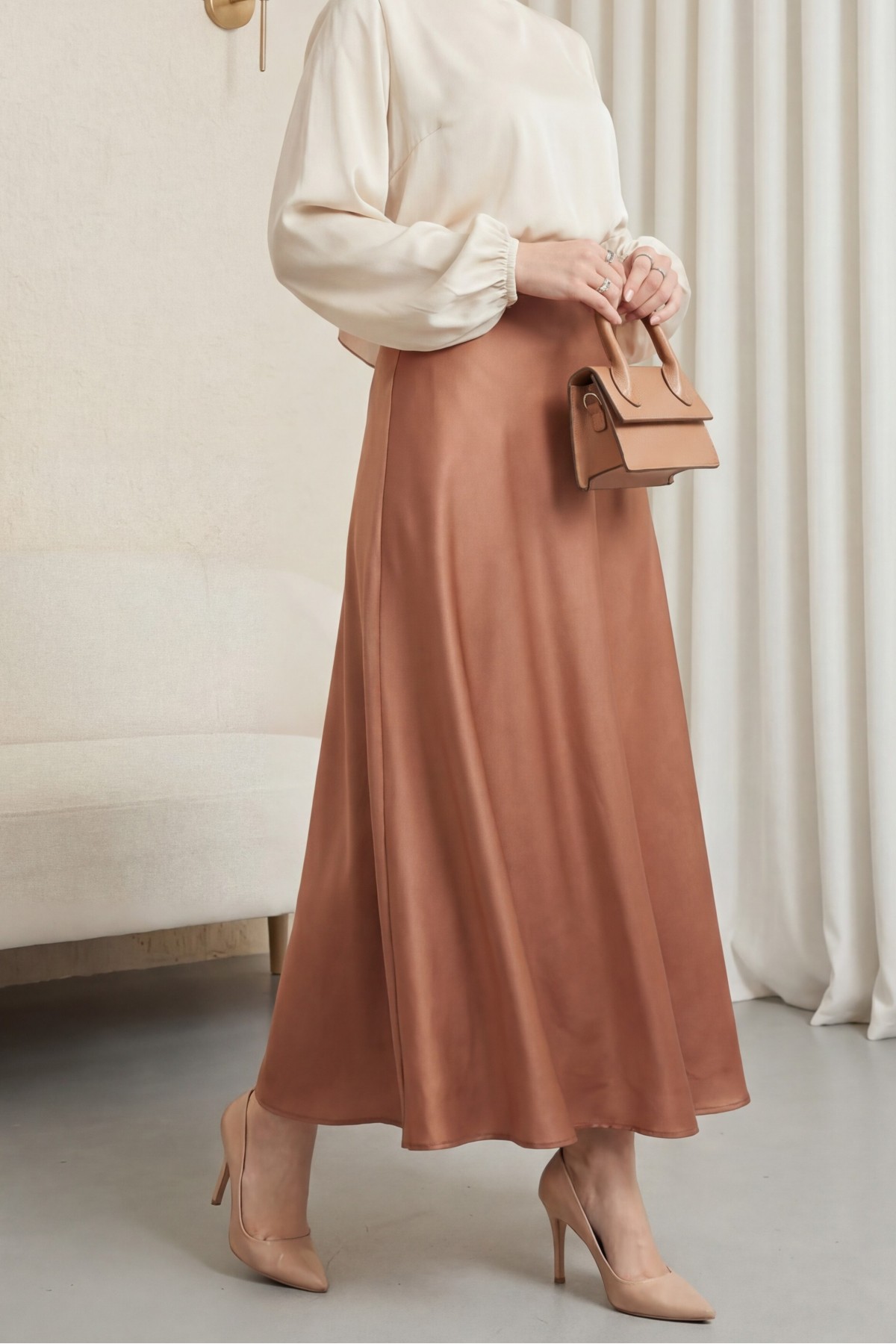 Elastic Waist Satin Skirt -Cinnamon