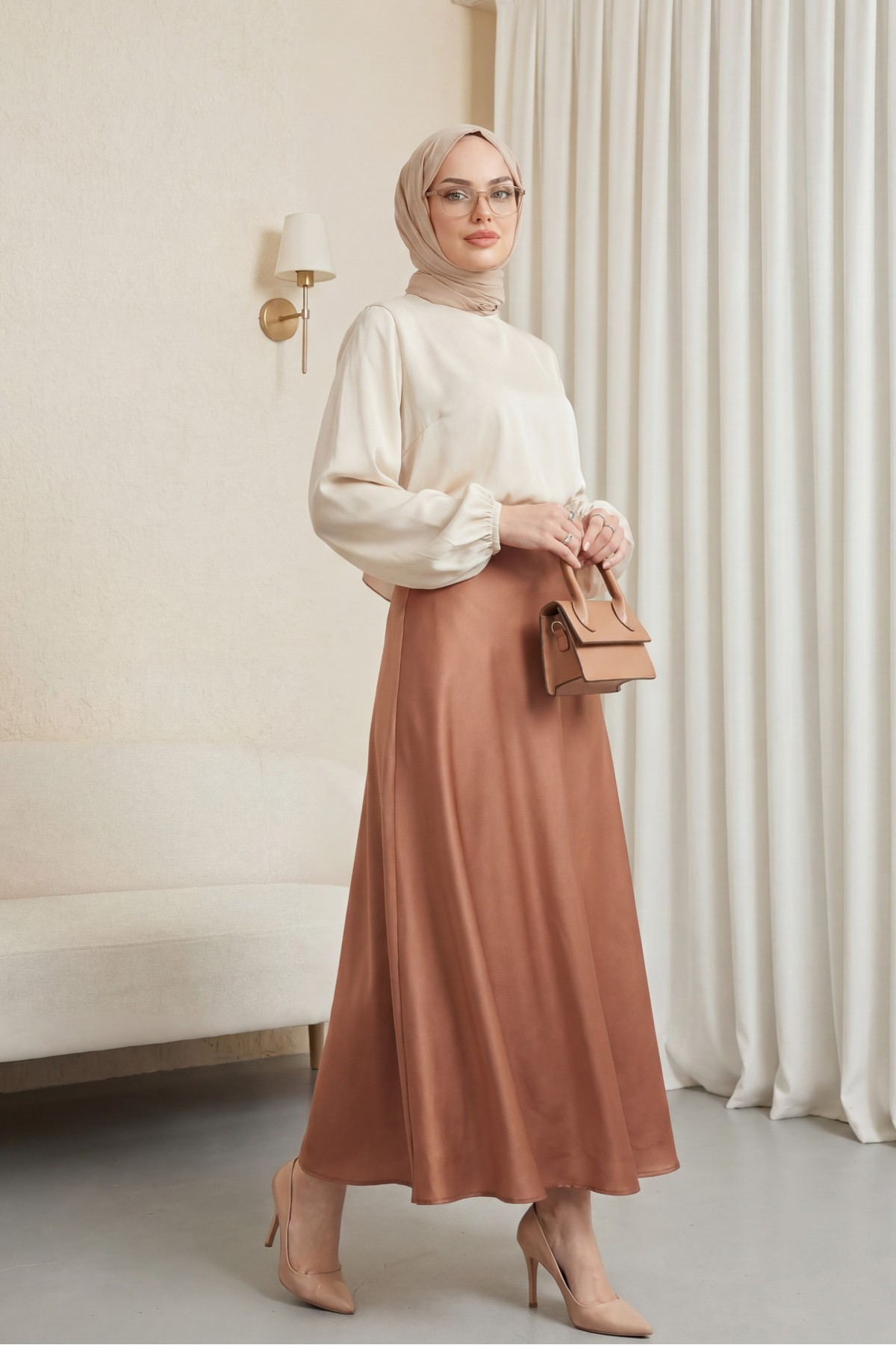 Elastic Waist Satin Skirt -Cinnamon