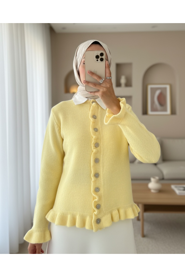 Buttoned Front and Ruffled Skirt Cardigan -Light yellow