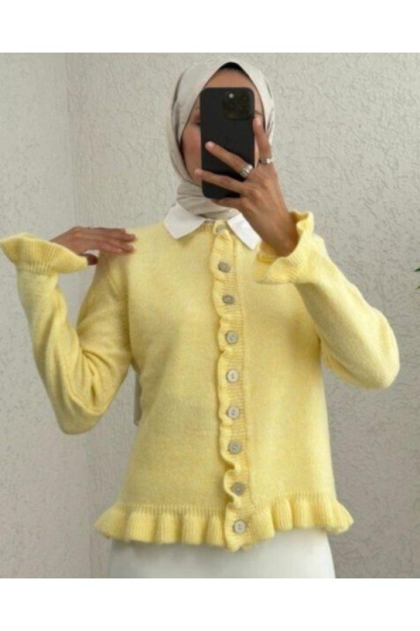 Buttoned Front and Ruffled Skirt Cardigan -Light yellow