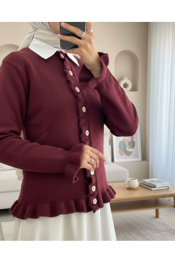 Buttoned Front and Ruffled Skirt Cardigan -Maroon