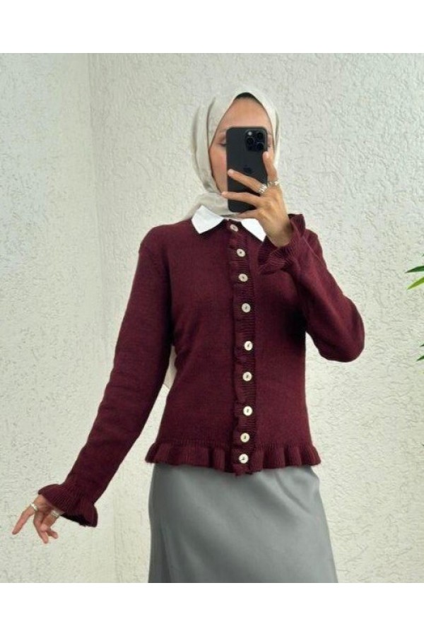 Buttoned Front and Ruffled Skirt Cardigan -Maroon