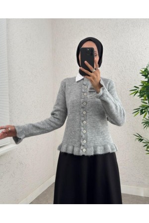 كارديجان بأزرار أمامية وتنورة مكشكشة -اللون الرمادي