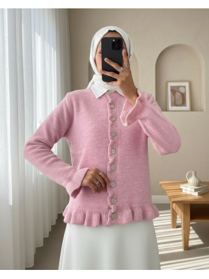 Düğmeli Önü Ve Eteği Fırfırlı Hırka -Pembe