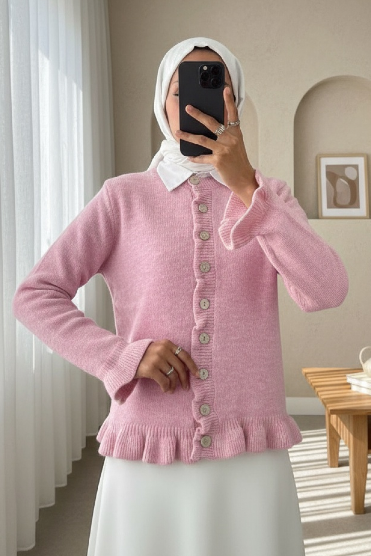 Buttoned Front and Ruffled Skirt Cardigan -Pink