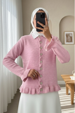 Düğmeli Önü Ve Eteği Fırfırlı Hırka -Pembe
