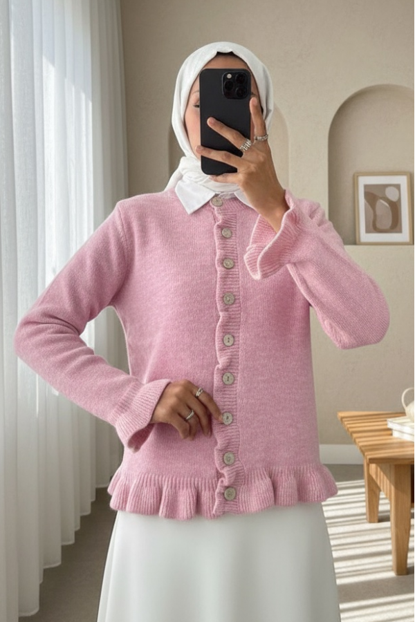Düğmeli Önü Ve Eteği Fırfırlı Hırka -Pembe