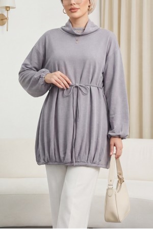 Eteği Lastikli Beli Bağcıklı Yarım Boğazlı Oysho Sweat -Açık Gri