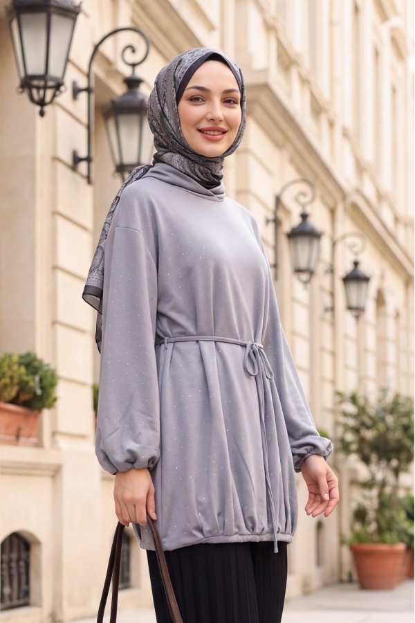 Eteği Lastikli Beli Bağcıklı Yarım Boğazlı Oysho Sweat -Açık Gri