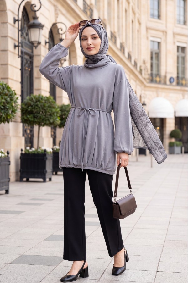 Eteği Lastikli Beli Bağcıklı Yarım Boğazlı Oysho Sweat -Açık Gri