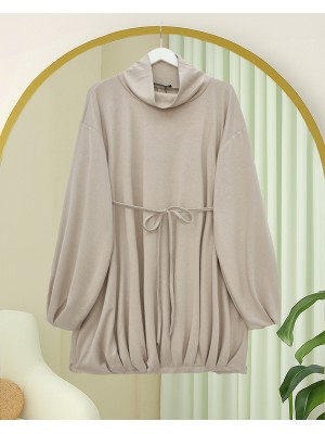 Oysho Sweat with Elastic Skirt and Tied Waist and Half Turtleneck -Light Mink