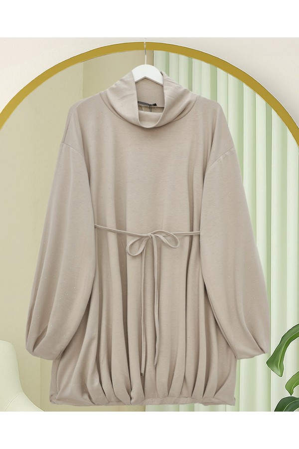 Oysho Sweat with Elastic Skirt and Tied Waist and Half Turtleneck -Light Mink