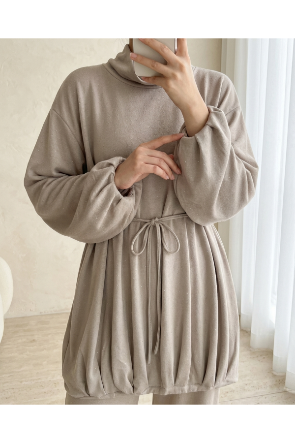 Oysho Sweat with Elastic Skirt and Tied Waist and Half Turtleneck -Light Mink