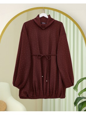 Oysho Sweat with Elastic Skirt and Tied Waist and Half Turtleneck -Maroon