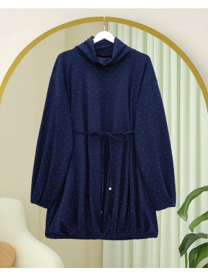 Oysho Sweat with Elastic Skirt and Tied Waist and Half Turtleneck -Navy blue