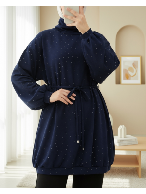 Oysho Sweat with Elastic Skirt and Tied Waist and Half Turtleneck -Navy blue