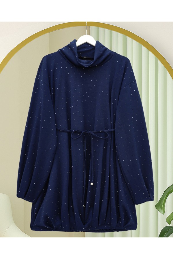 Oysho Sweat with Elastic Skirt and Tied Waist and Half Turtleneck -Navy blue
