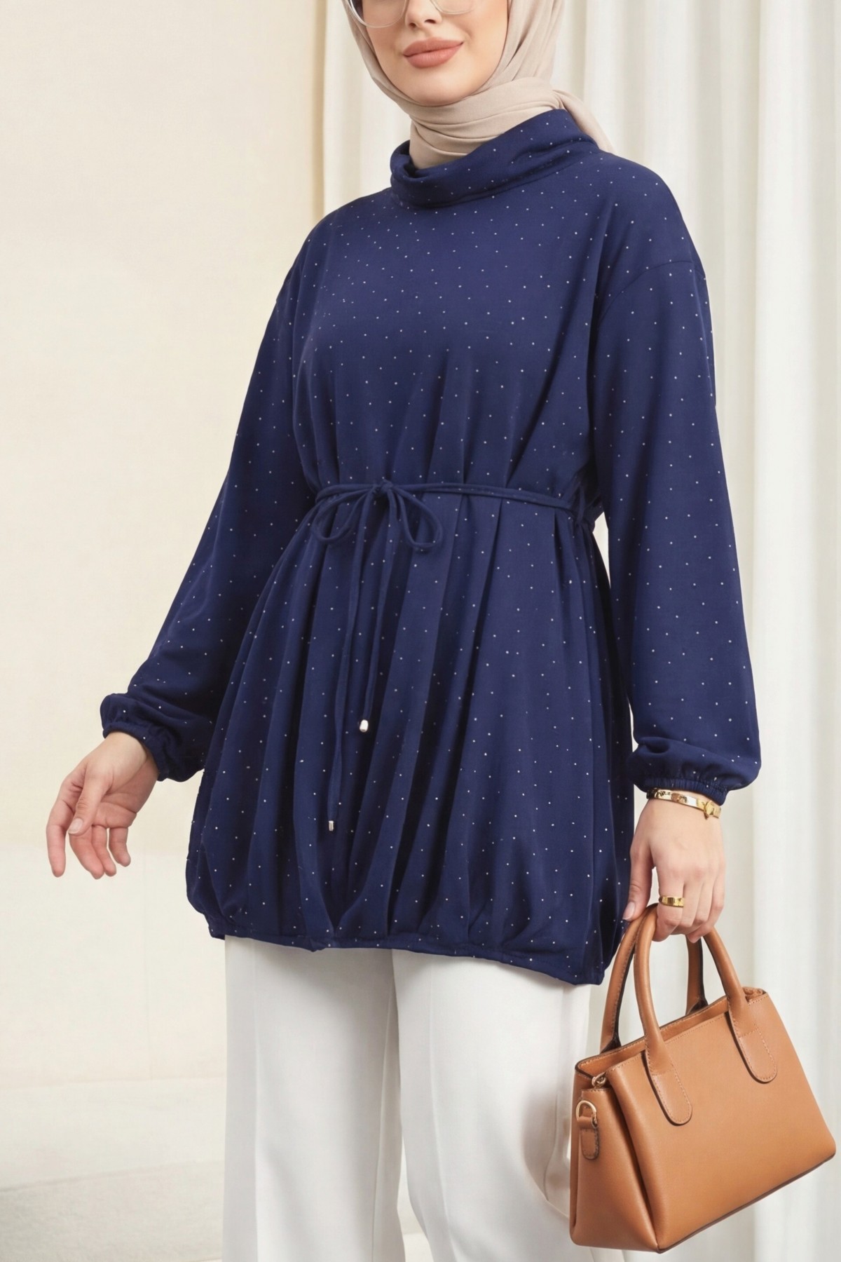 Oysho Sweat with Elastic Skirt and Tied Waist and Half Turtleneck -Navy blue