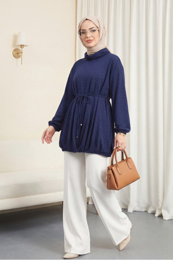 Oysho Sweat with Elastic Skirt and Tied Waist and Half Turtleneck -Navy blue