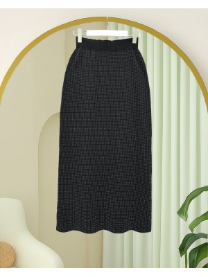 Taşlı Beli Lastikli Kalem Etek -Siyah