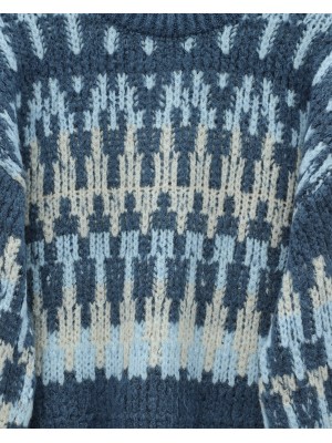 Karışık Desenli Yuvarlak Yaka Örme Triko Kazak -İndigo