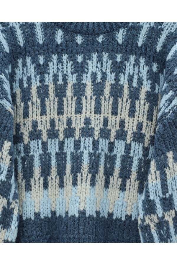 Mixed Patterned Round Neck Knitted Sweater -İndigo