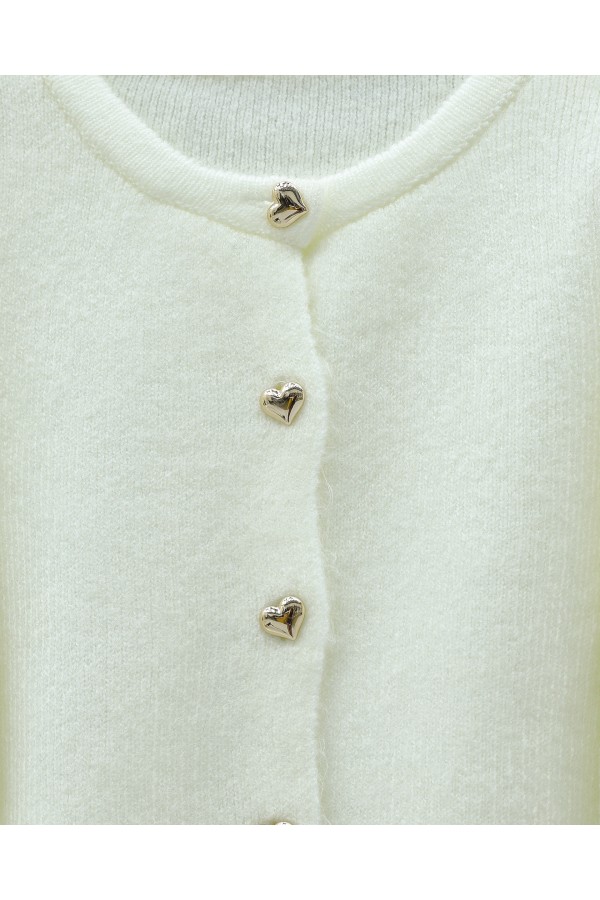 Heart-shaped Knitted Cardigan with Fringed Sleeves -Ecru