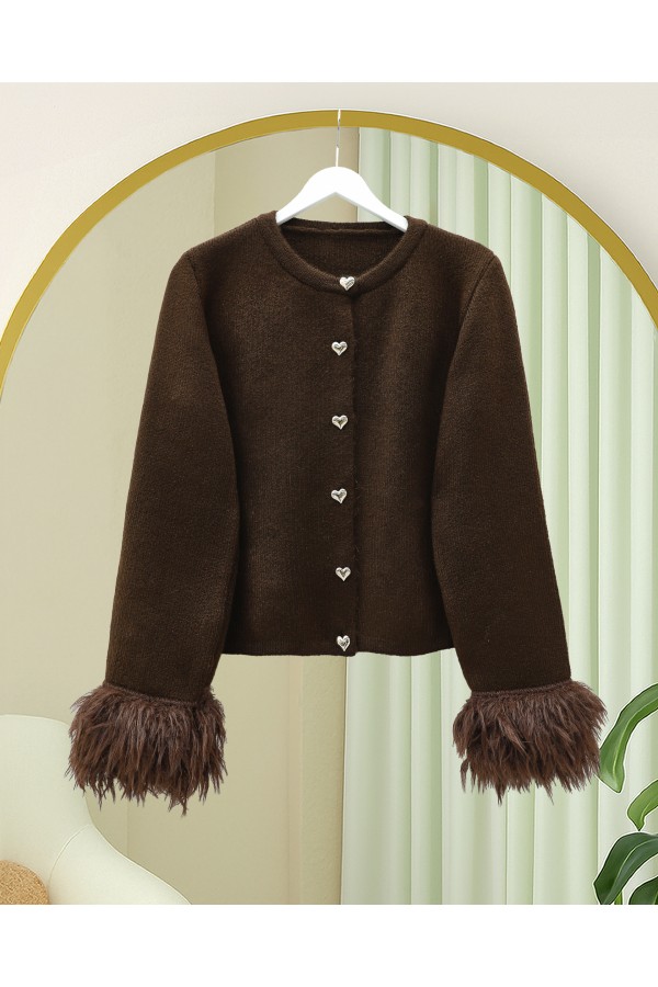 Heart-shaped Knitted Cardigan with Fringed Sleeves -Dark Coffee