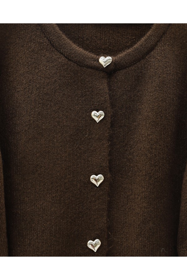 Heart-shaped Knitted Cardigan with Fringed Sleeves -Dark Coffee