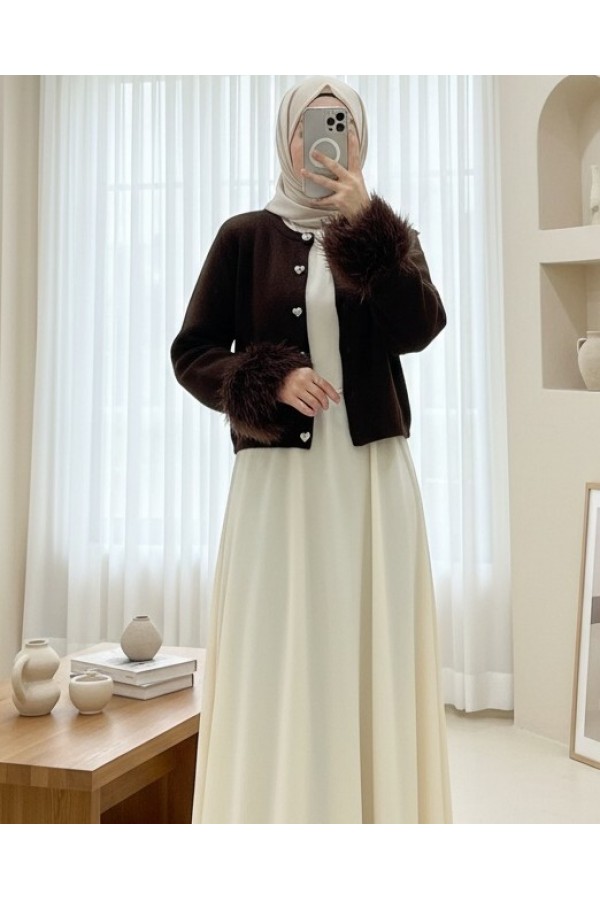 Heart-shaped Knitted Cardigan with Fringed Sleeves -Dark Coffee