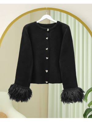 Kalp Düğmeli Kolu Saçaklı Triko Hırka -Siyah