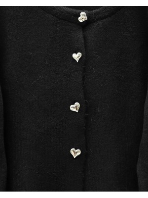Kalp Düğmeli Kolu Saçaklı Triko Hırka -Siyah