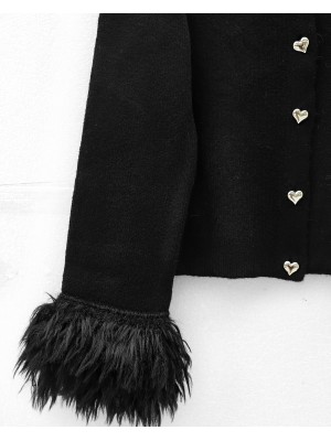 Kalp Düğmeli Kolu Saçaklı Triko Hırka -Siyah