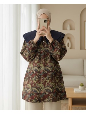 Önlük Yaka Yarım Düğmeli Yırtmaçlı Kapitone Tunik  -Haki